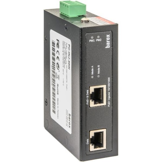 Barox PoE-Injektor, 2 Ports, 30W, IP30, schwarz, Hutschiene, Desktop