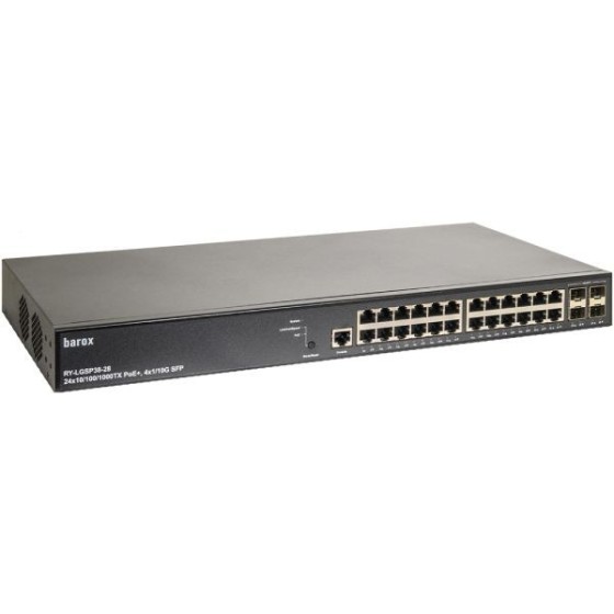 Barox PoE-Switch, 29 Ports, 24 Ports PoE, 4 Ports SFP, managed, 19" Rack