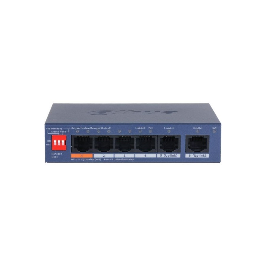 Dahua PoE-Switch, 6 Ports, 4 Ports PoE, 250 m, cloud managed, Desktop