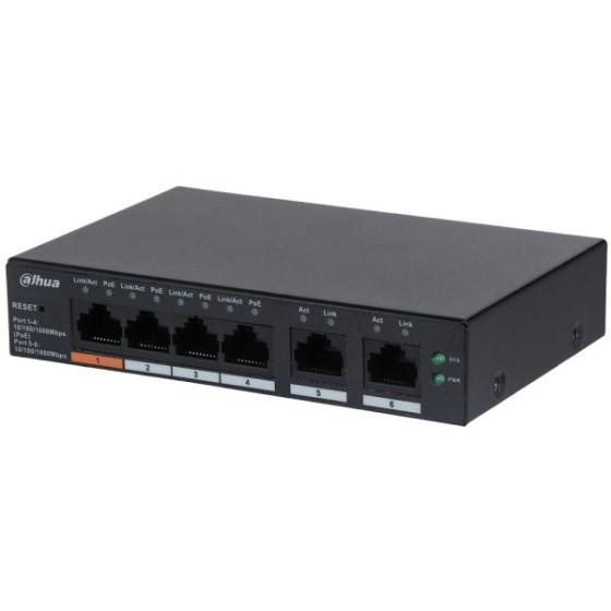 Dahua PoE-Switch, 6 Ports, 4 Ports PoE, 250 m, cloud managed, Desktop, Wand