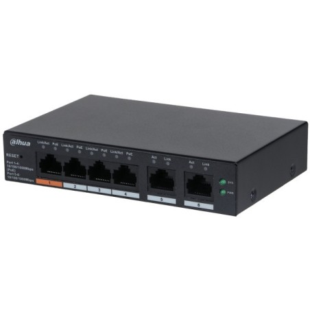 Dahua PoE-Switch, 6 Ports, 4 Ports PoE, 250 m, cloud managed, Desktop, Wand
