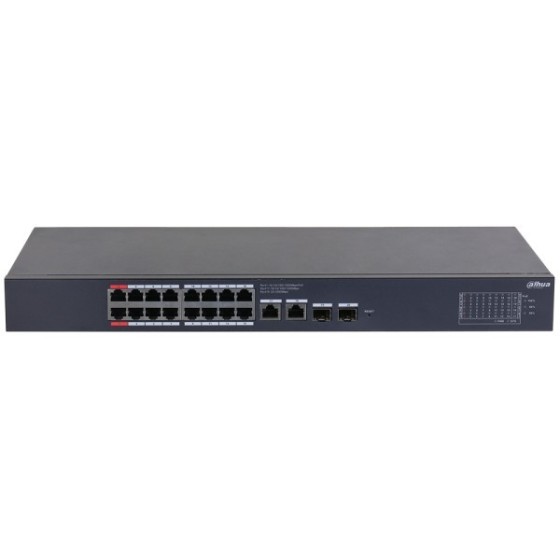 Dahua PoE-Switch, 20 Ports, 16 Ports PoE, 2 Ports SFP, 250 m, Rack