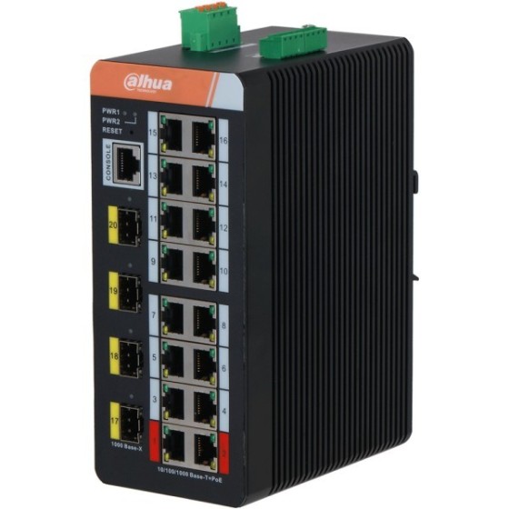 Dahua PoE-Switch, 20 Ports, 16 Ports PoE, 4 Ports SFP, 250 m, managed, Desktop, DIN-Schiene