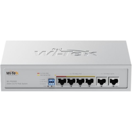 Wi-Tek PoE-Switch, 6 Ports, 4 Ports PoE, 250 m, Desktop, Wand