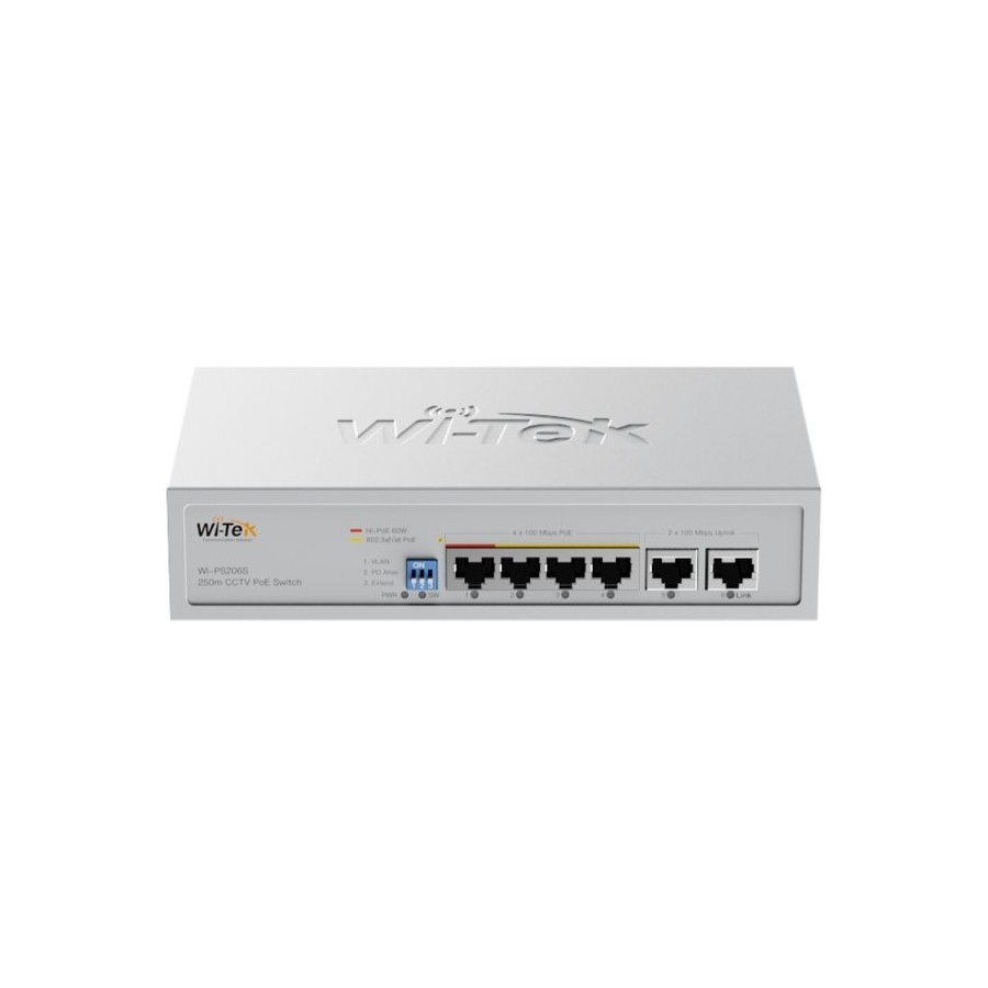 Wi-Tek PoE-Switch, 6 Ports, 4 Ports PoE, 250 m, Desktop, Wand