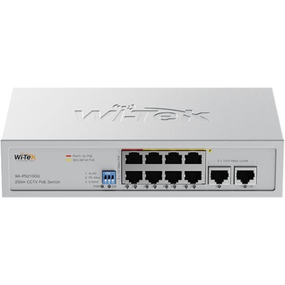 Wi-Tek PoE-Switch, 10 Ports, 8 Ports PoE, 250 m, Desktop, Wand