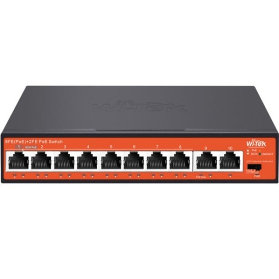 Wi-Tek PoE-Switch, 10 Ports, 8 Ports PoE, 250 m, Desktop, Wand