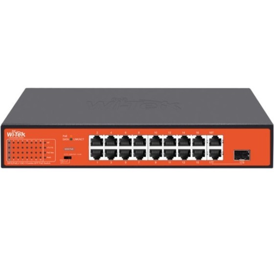 Wi-Tek PoE-Switch, 18 Ports, 16 Ports PoE, 1 Port SFP, 250 m, Desktop
