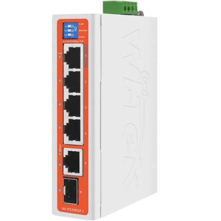 Wi-Tek PoE-Switch, 6 Ports, 4 Ports PoE, 1 Port SFP, 250 m, Desktop, DIN-Schiene, Wand