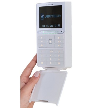 Everon-Bedienteil, mit LCD-Display, Summer, Tastenbeleuchtung und MIFARE-Leser, weiß